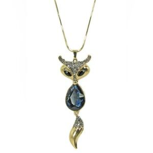 Fox Pendant Necklace in Blue Crystal - Long Movable Fox Fashion Pendant - New